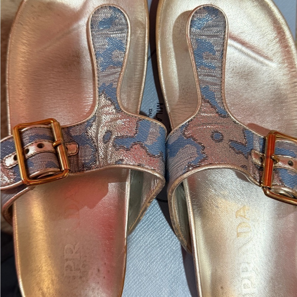 Prada Women's Blue and Gold Thong Sandals size 38